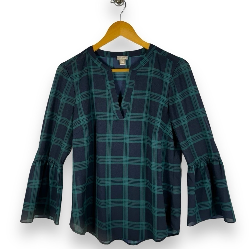 J Crew Factory V Neck Bell Sleeve Holiday Blouse, Black Watch Plaid, Size Small - Picture 3 of 10
